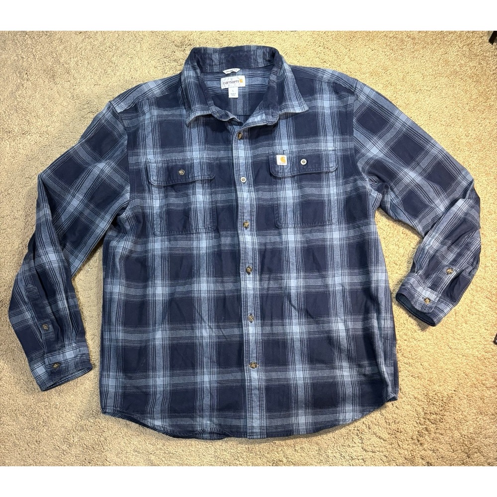 Carharrt Heavyweight Flannel Button Down Shirt Men Large Blue Plaid Classic Fit